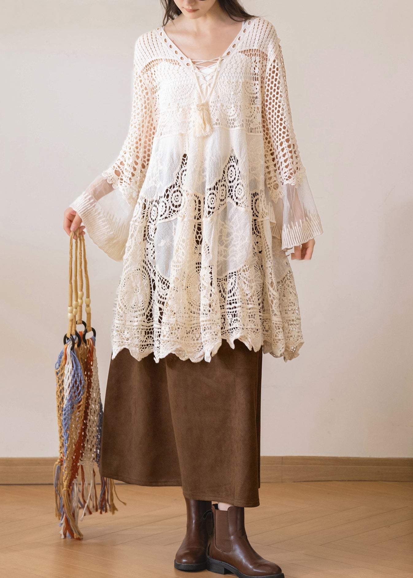 Kvinders Bluse med V-hals og Flare-ærmer Boheme Stil 2