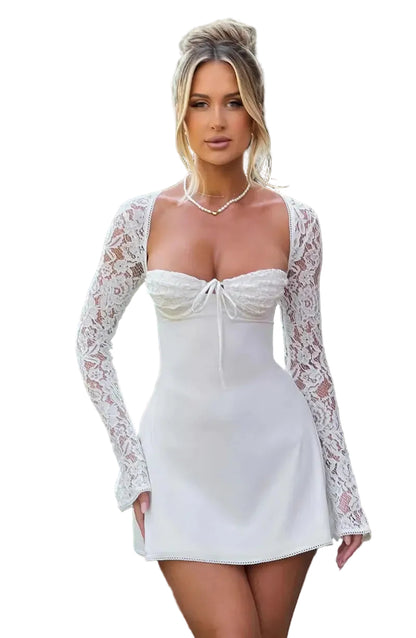 Kvinders Bodycon Mini Kjole med Blondeærmer 0