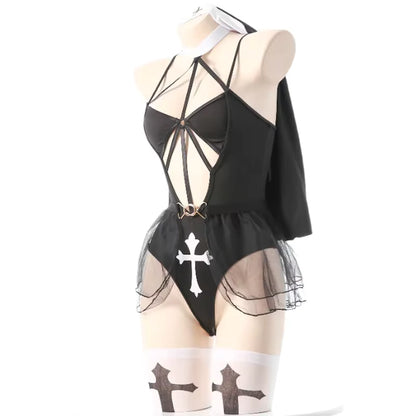 Kvinders Bodysuit Kostume Nonne Stil Med Slør Og Strømper 1