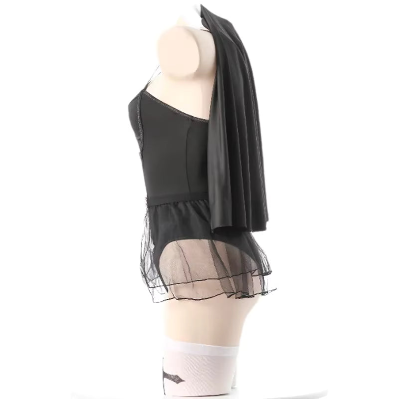 Kvinders Bodysuit Kostume Nonne Stil Med Slør Og Strømper 2