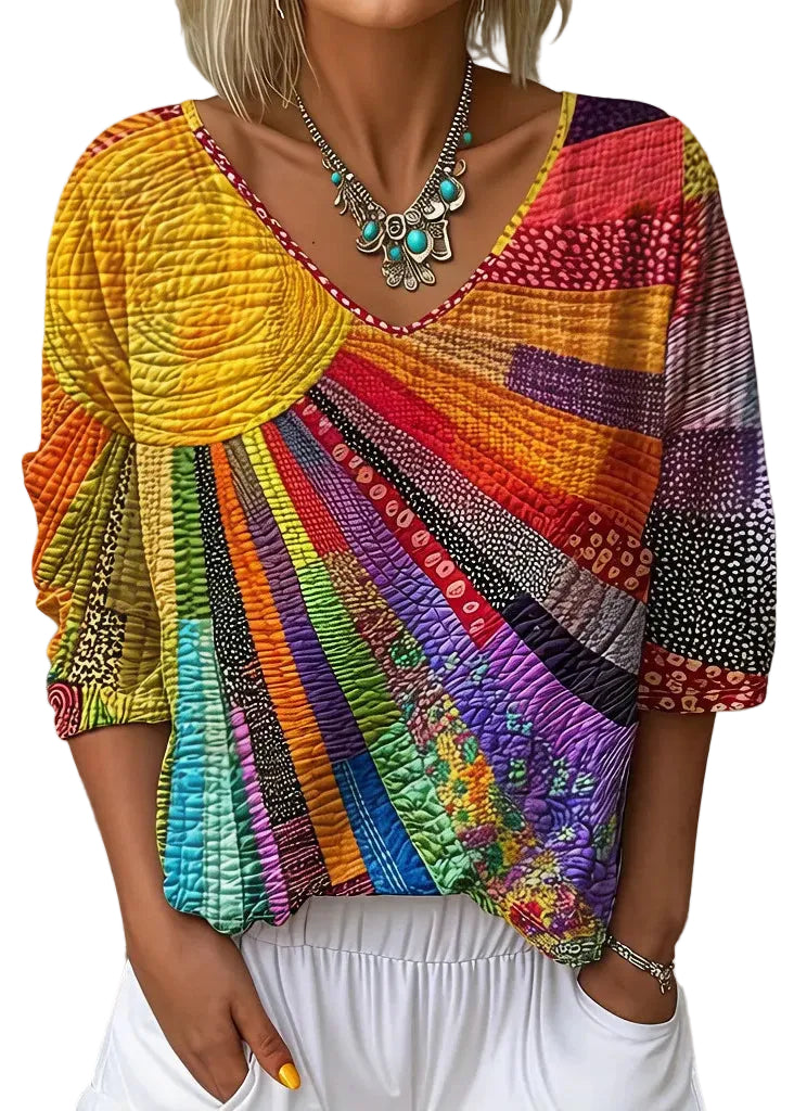 Kvinders Bohemian V-hals T-shirt med Print 0