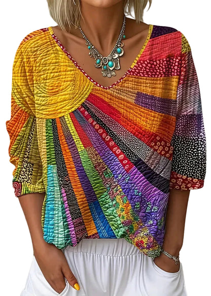 Kvinders Bohemian V-hals T-shirt med Print 0