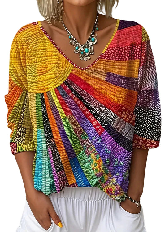 Kvinders Bohemian V-hals T-shirt med Print 0