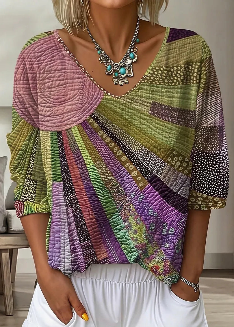 Kvinders Bohemian V-hals T-shirt med Print 2