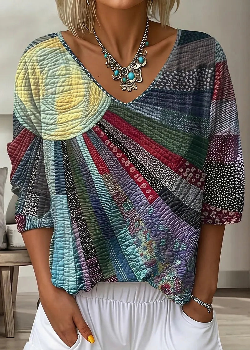 Kvinders Bohemian V-hals T-shirt med Print 4