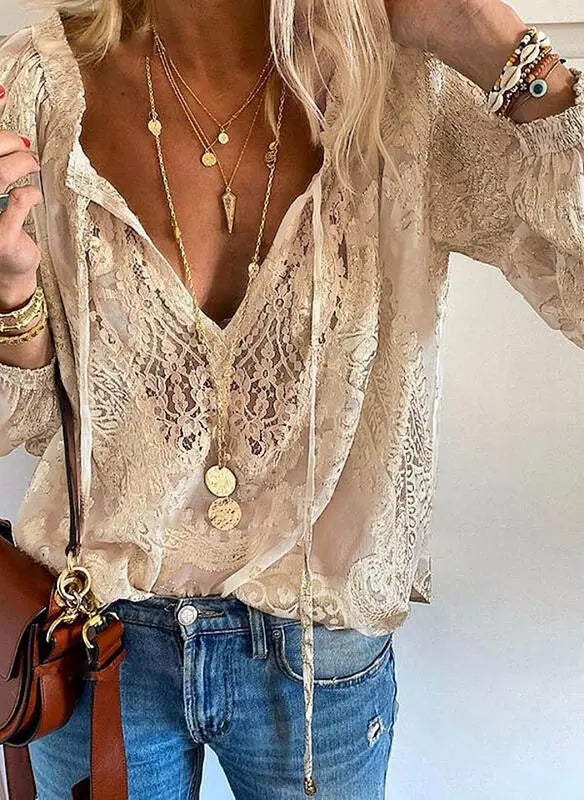 Kvinders Boho Bluse med Udskæring Casual 4