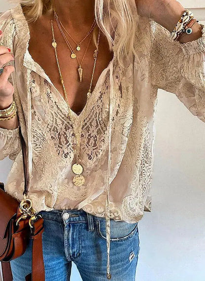 Kvinders Boho Bluse med Udskæring Casual 4