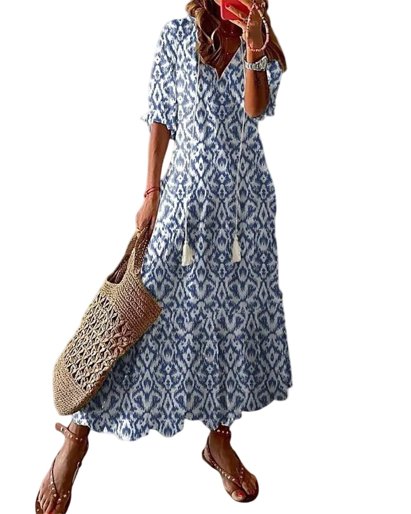 Kvinders Boho Vintage Sommerkjole Med V-Udskæring 0