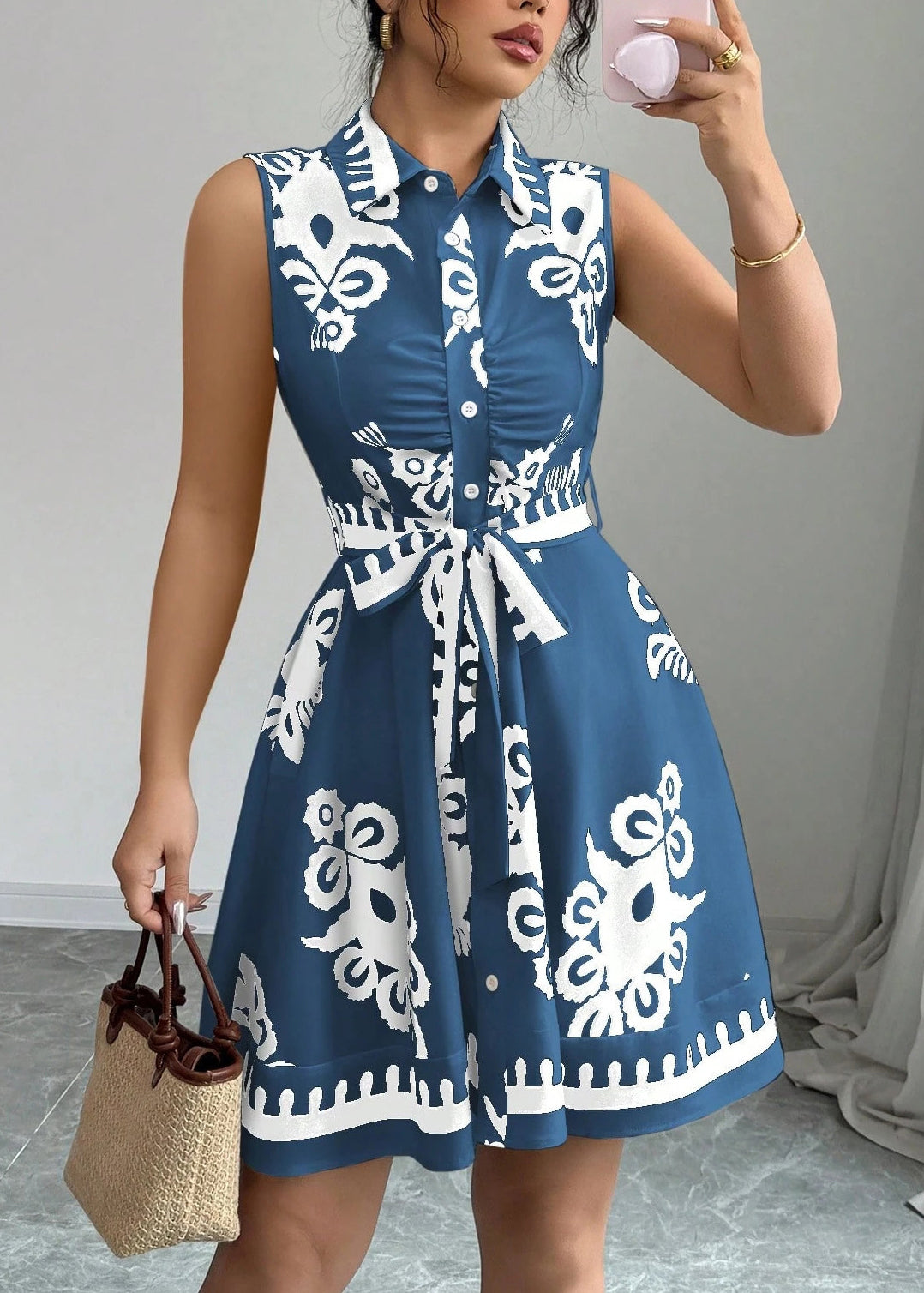 Kvinders Bomuldsskjortekjole med Boho Print og Taljebinding 2