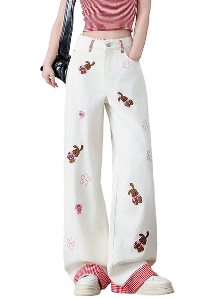 Kvinders Broderet Denim Bukser Straight 0