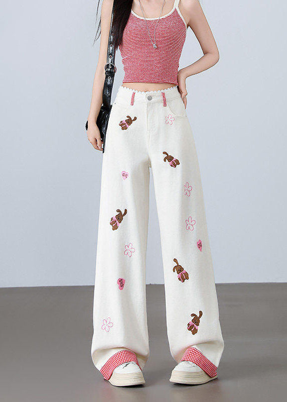 Kvinders Broderet Denim Bukser Straight 2