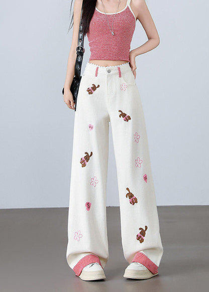 Kvinders Broderet Denim Bukser Straight 2