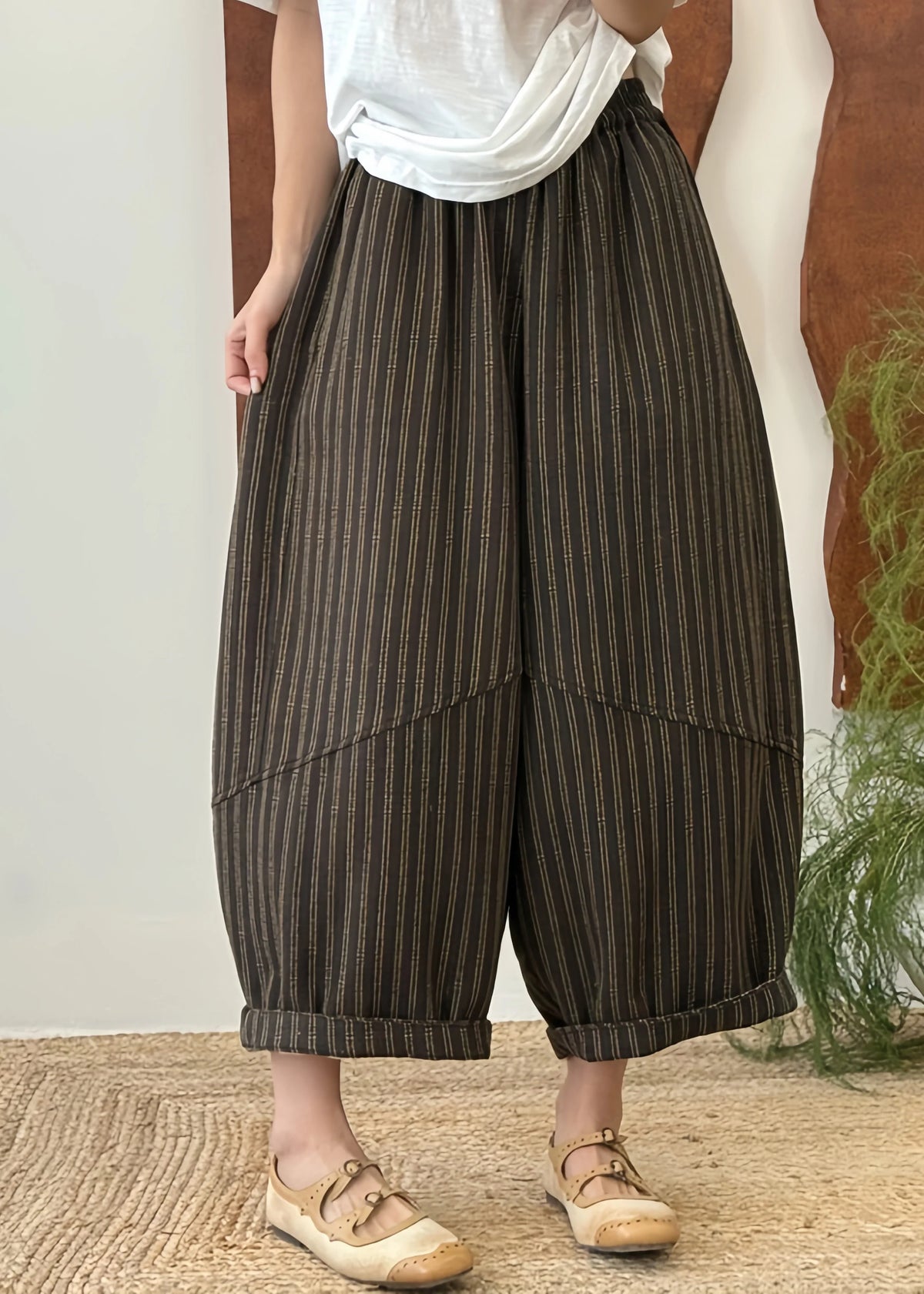 Kvinders Bukser Med Stribet Patchwork Og Elastisk Talje 2