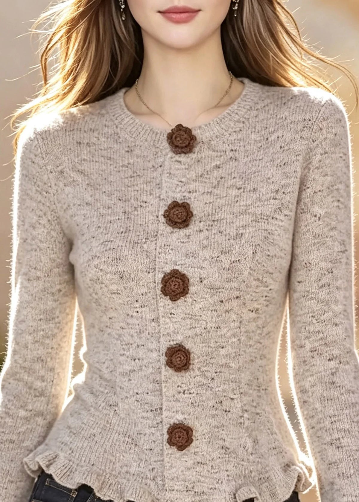 Kvinders Cardigan med Flæser og Patchwork Design 1