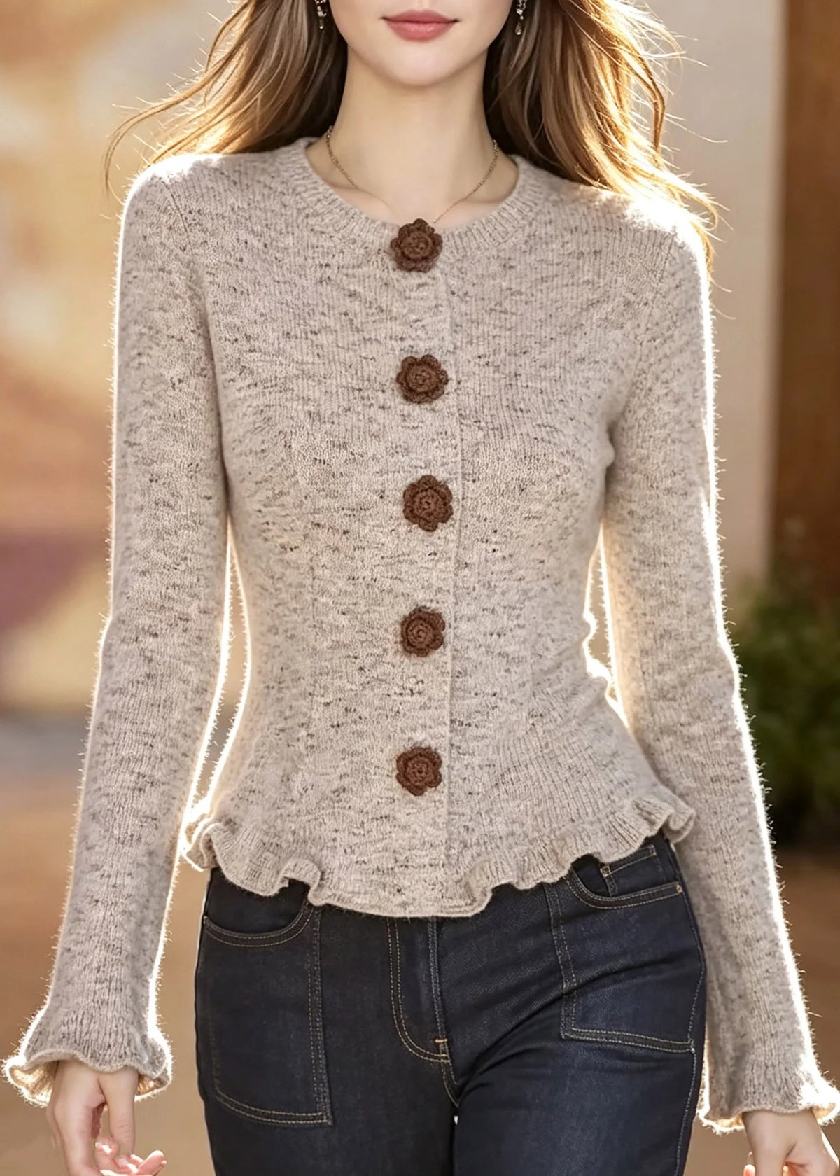 Kvinders Cardigan med Flæser og Patchwork Design 2