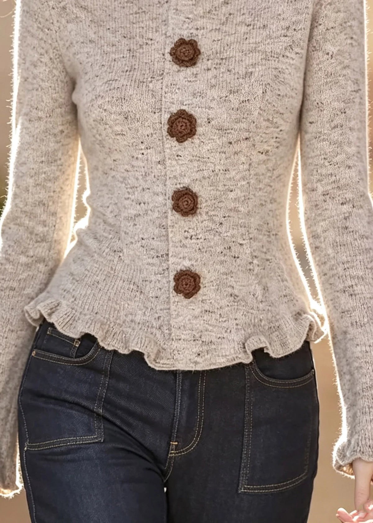 Kvinders Cardigan med Flæser og Patchwork Design 3