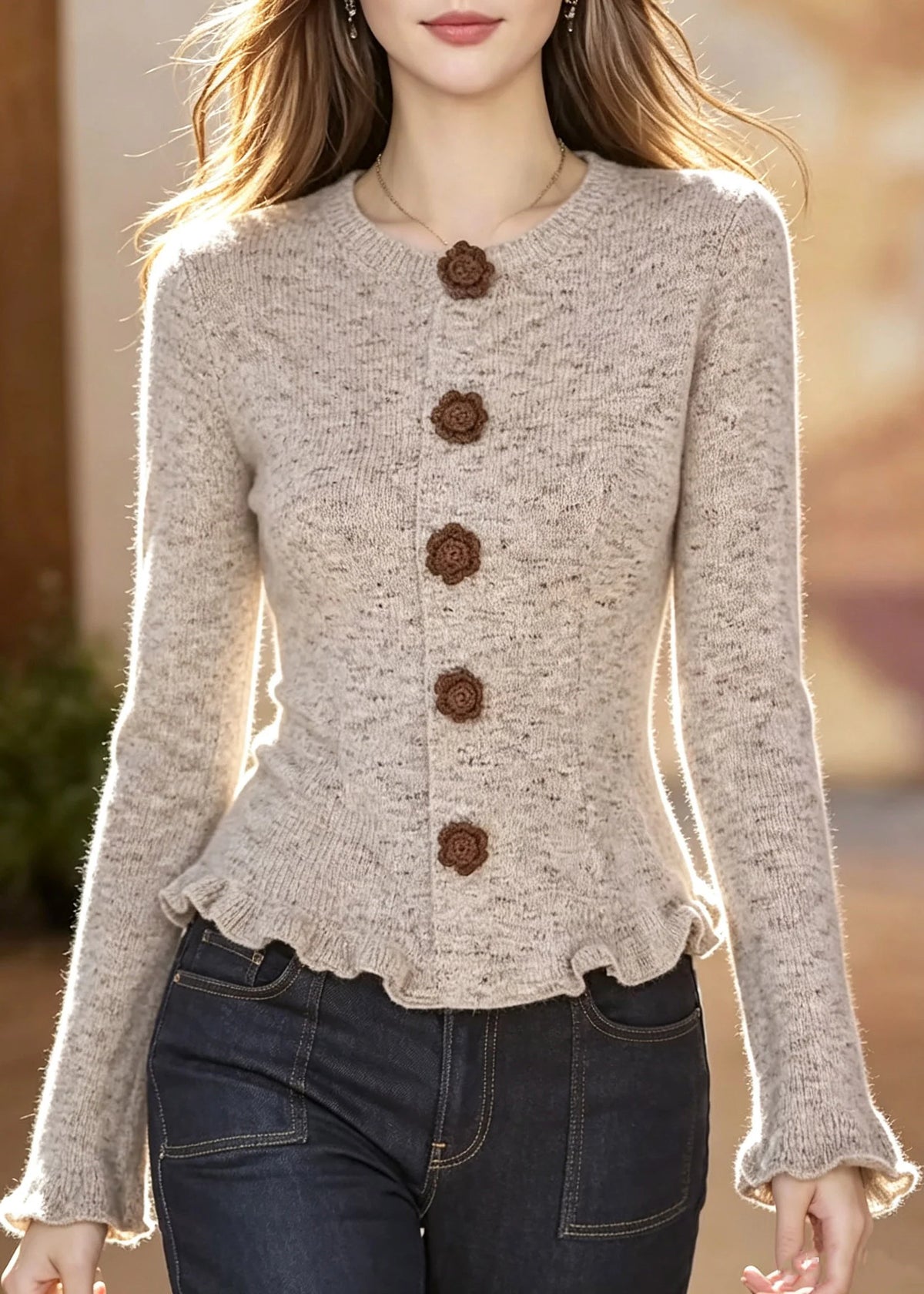 Kvinders Cardigan med Flæser og Patchwork Design 4
