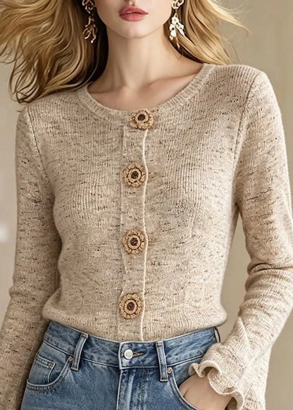 Kvinders Cardigan med O-hals og Knapper i Strikket Stil 1