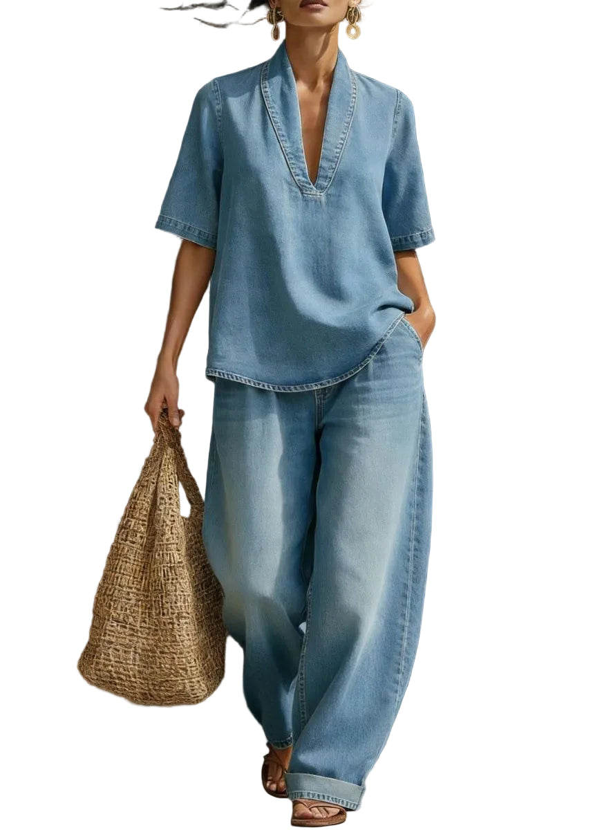 Kvinders Casual T-shirt og Jeans Sæt med V-hals 0