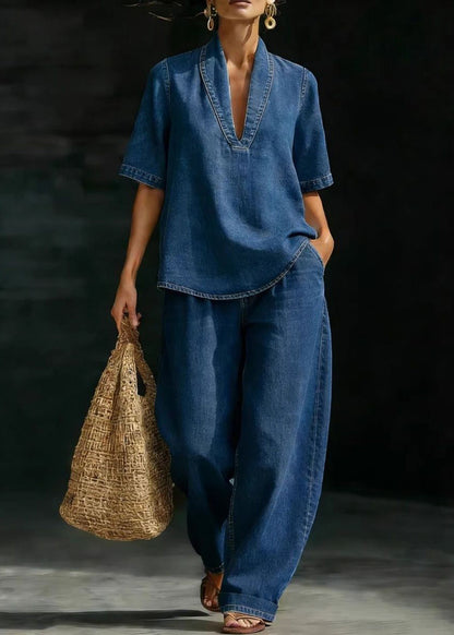 Kvinders Casual T-shirt og Jeans Sæt med V-hals 1