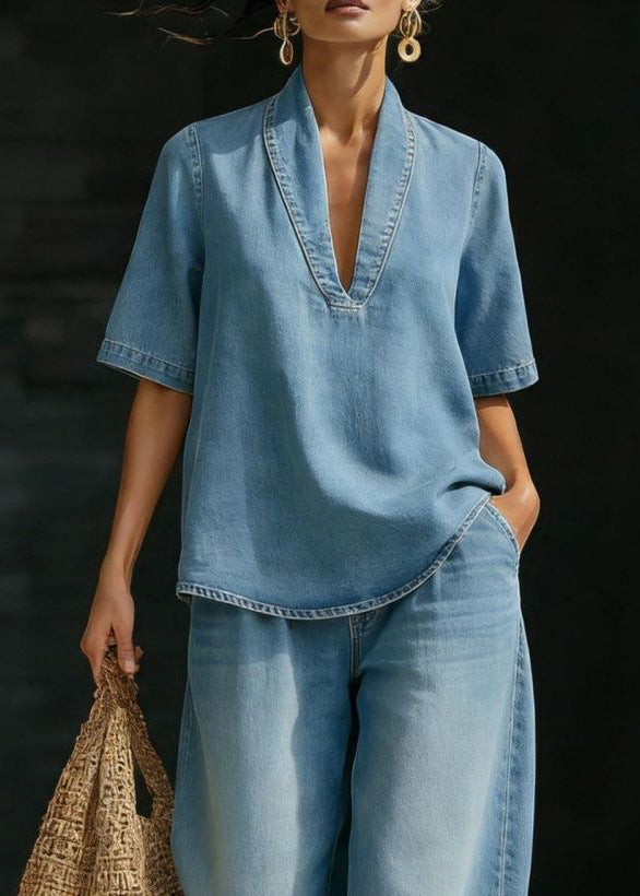 Kvinders Casual T-shirt og Jeans Sæt med V-hals 3