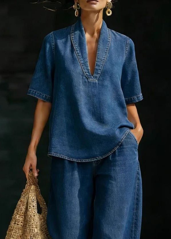 Kvinders Casual T-shirt og Jeans Sæt med V-hals 4