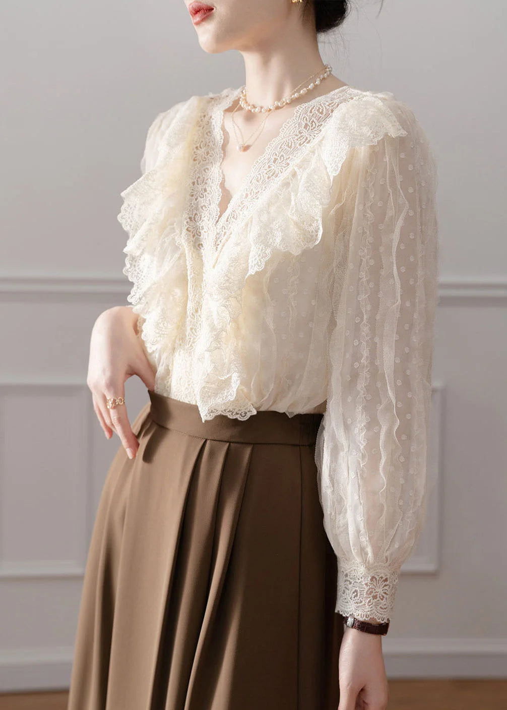 Kvinders Chiffon Skjorte V-hals Patchwork Design 4