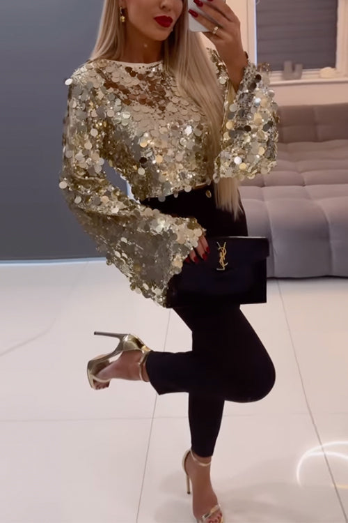 Kvinders Crop Top med Lange Klokkeærmer og Glitrende Pailletter 1
