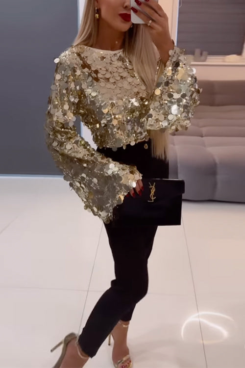 Kvinders Crop Top med Lange Klokkeærmer og Glitrende Pailletter 2