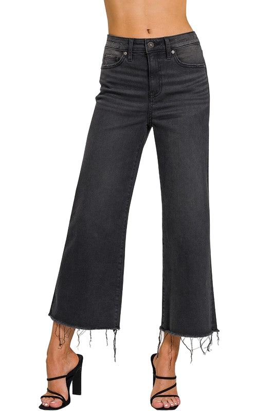 Kvinders Cropped Jeans Høj Talje Vasket Sort 0