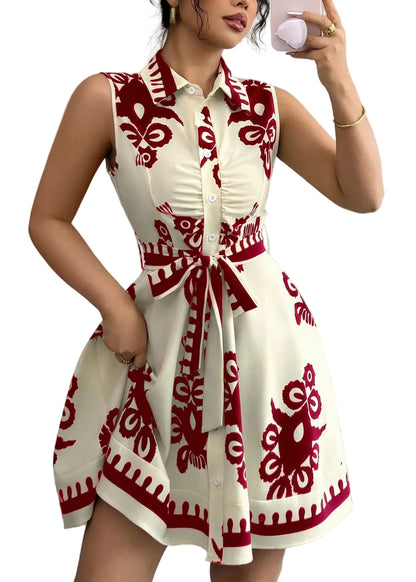 Kvinders Day Dress med Bindebånd og Print 0