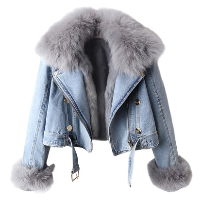 Kvinders Denim Bikerjakke med Aftagelig Pelskrave 0