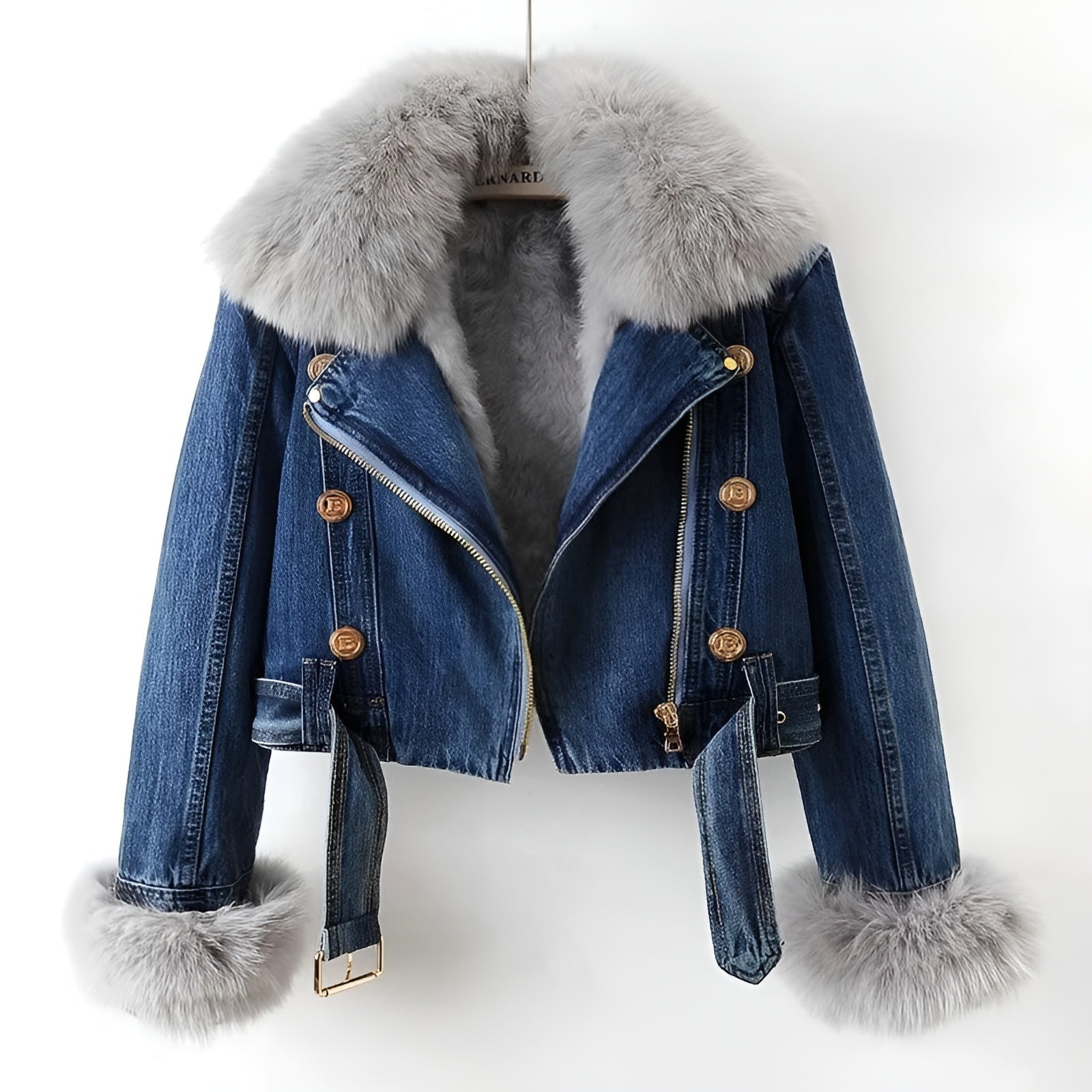 Kvinders Denim Bikerjakke med Aftagelig Pelskrave 1