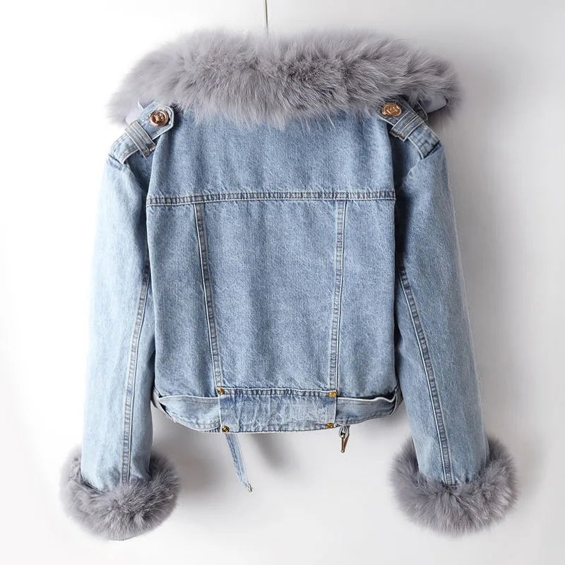 Kvinders Denim Bikerjakke med Aftagelig Pelskrave 2