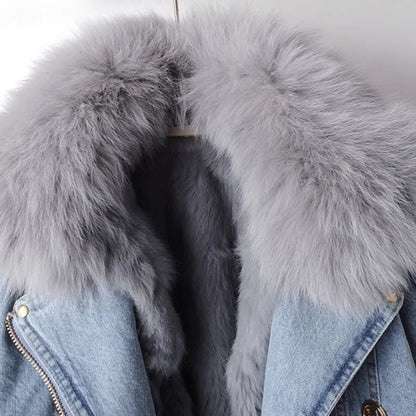 Kvinders Denim Bikerjakke med Aftagelig Pelskrave 3