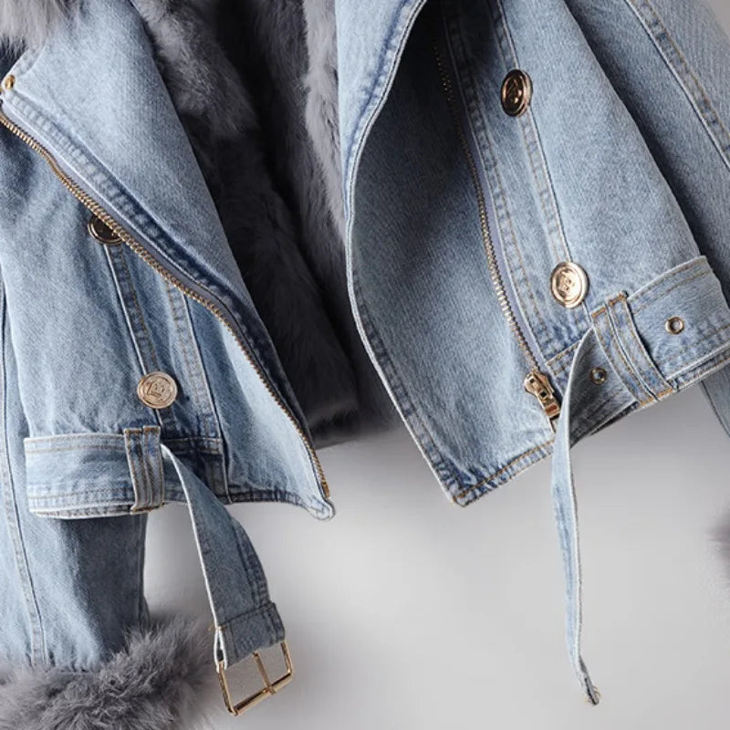 Kvinders Denim Bikerjakke med Aftagelig Pelskrave 4