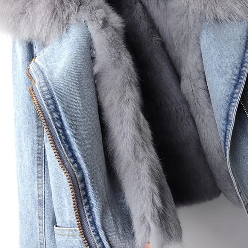 Kvinders Denim Bikerjakke med Aftagelig Pelskrave 5