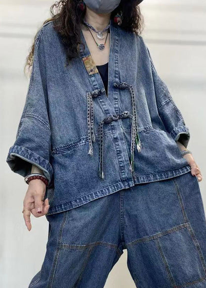 Kvinders Denim Frakke med V-hals og Lange Ærmer 1