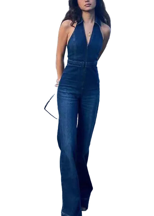 Kvinders Denim Jumpsuit Ærmeløs med Peter Pan Krave 0