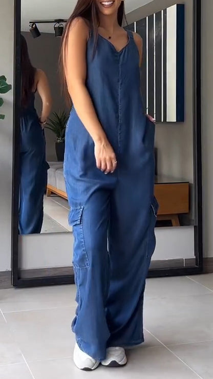Kvinders Denim Jumpsuit V-Hals Komfortabel 3