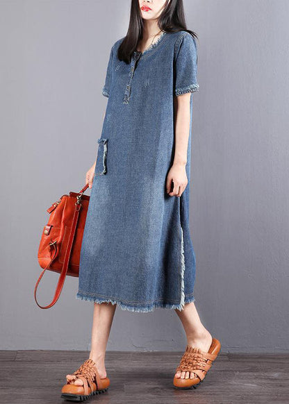 Kvinders Denim Kjole Knaplukning med Lommer 1