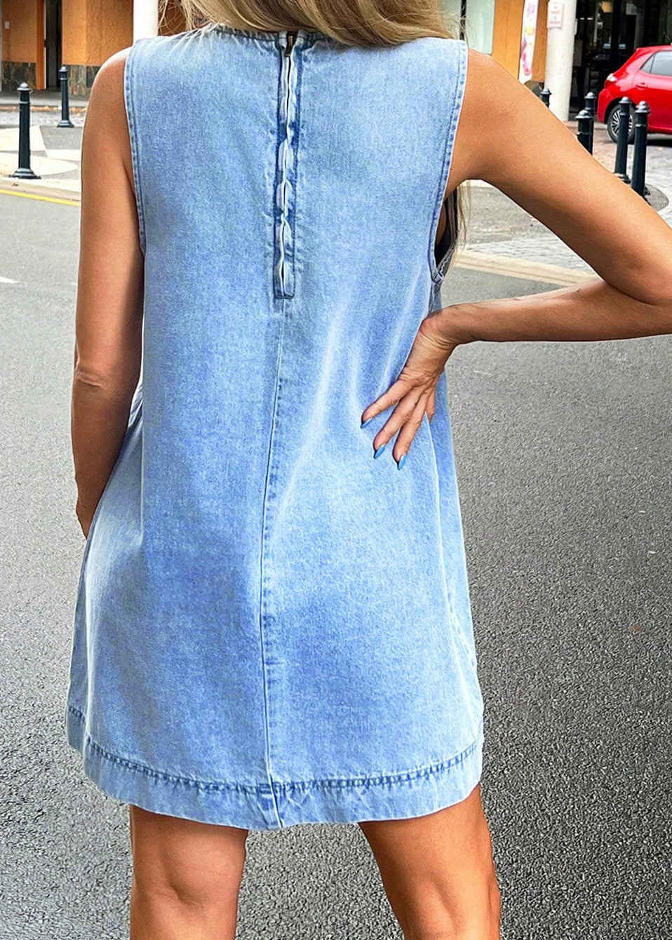 Kvinders Denim Minikjole Ærmeløs O-hals 4