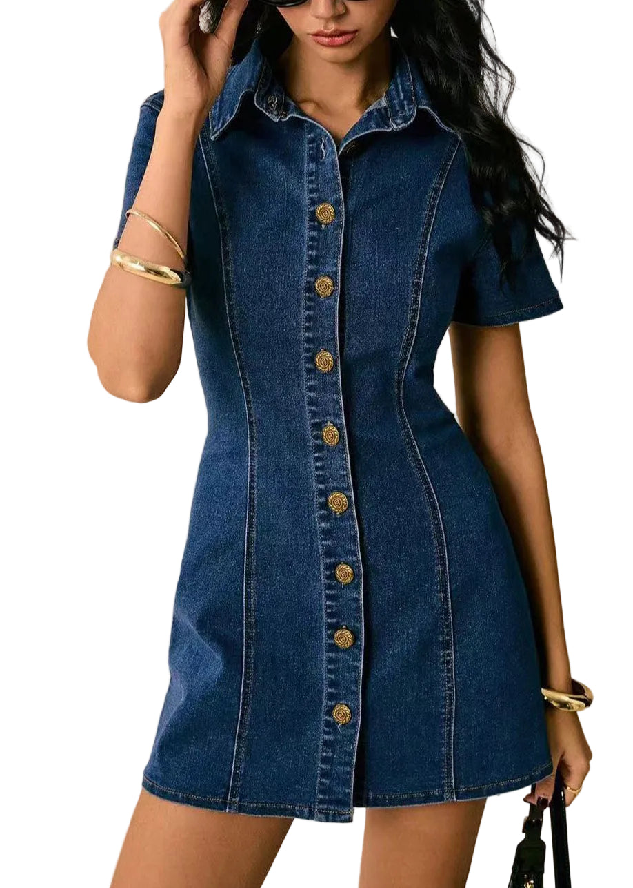 Kvinders Denim Minikjole med Peter Pan-krave og Bindebånd i Taljen 0