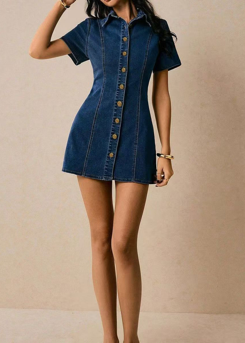Kvinders Denim Minikjole med Peter Pan-krave og Bindebånd i Taljen 1