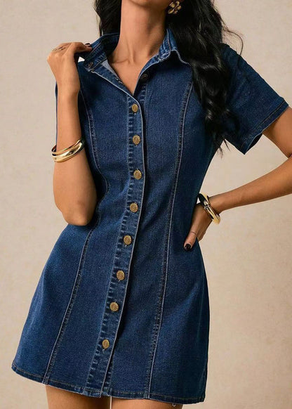 Kvinders Denim Minikjole med Peter Pan-krave og Bindebånd i Taljen 2