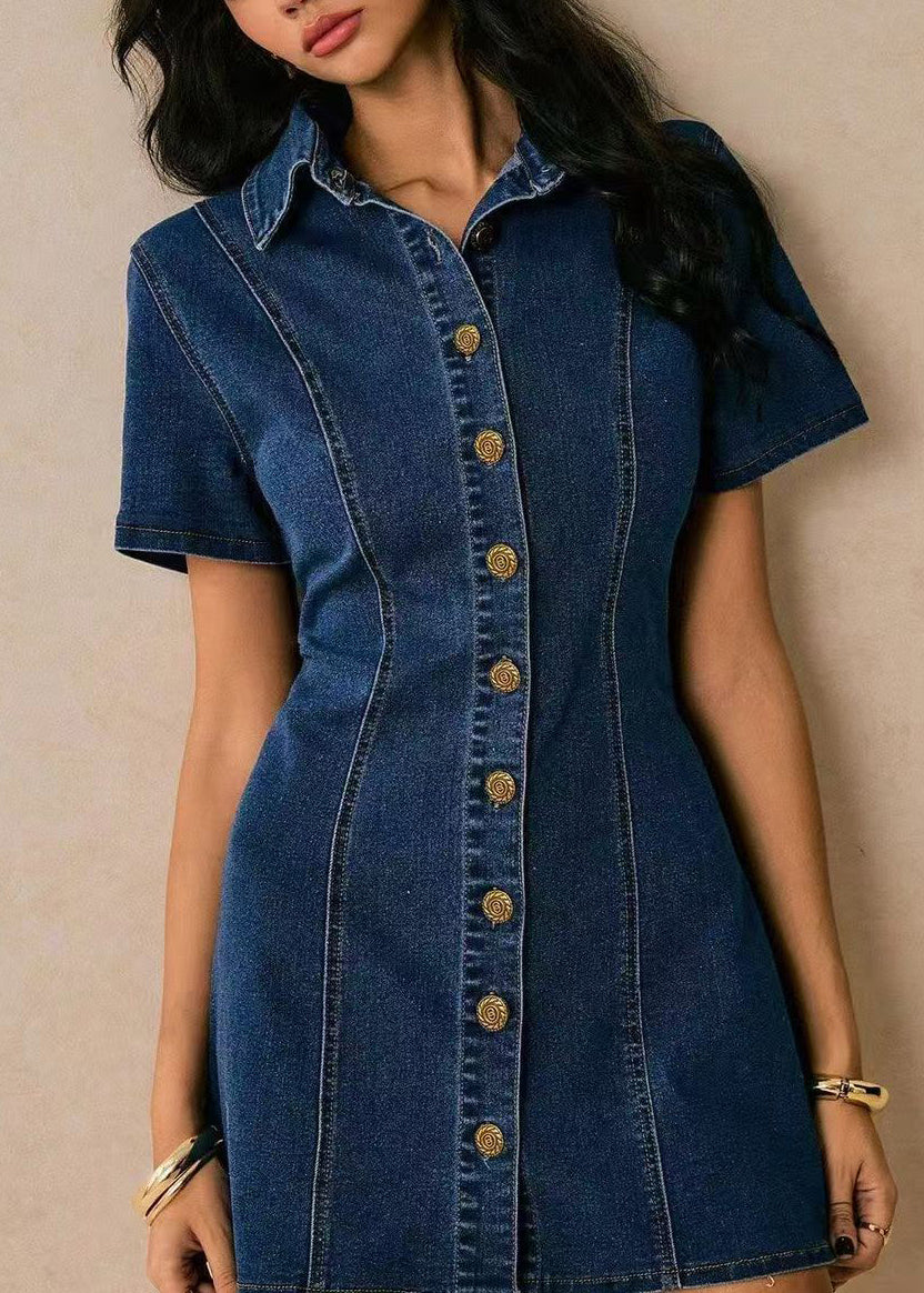 Kvinders Denim Minikjole med Peter Pan-krave og Bindebånd i Taljen 3