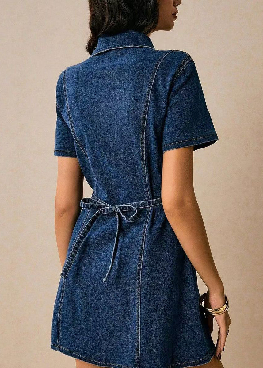 Kvinders Denim Minikjole med Peter Pan-krave og Bindebånd i Taljen 4