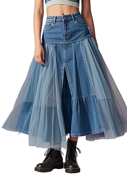 Kvinders Denim Nederdel med Tyl Detaljer Patchwork Design 0