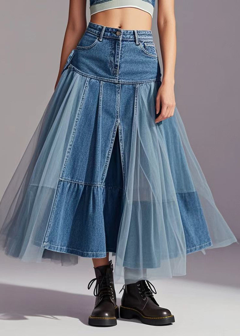 Kvinders Denim Nederdel med Tyl Detaljer Patchwork Design 1