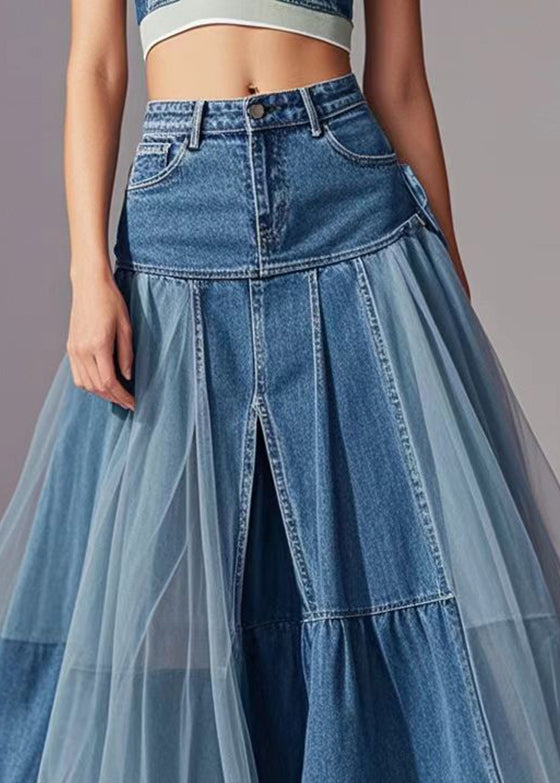 Kvinders Denim Nederdel med Tyl Detaljer Patchwork Design 2